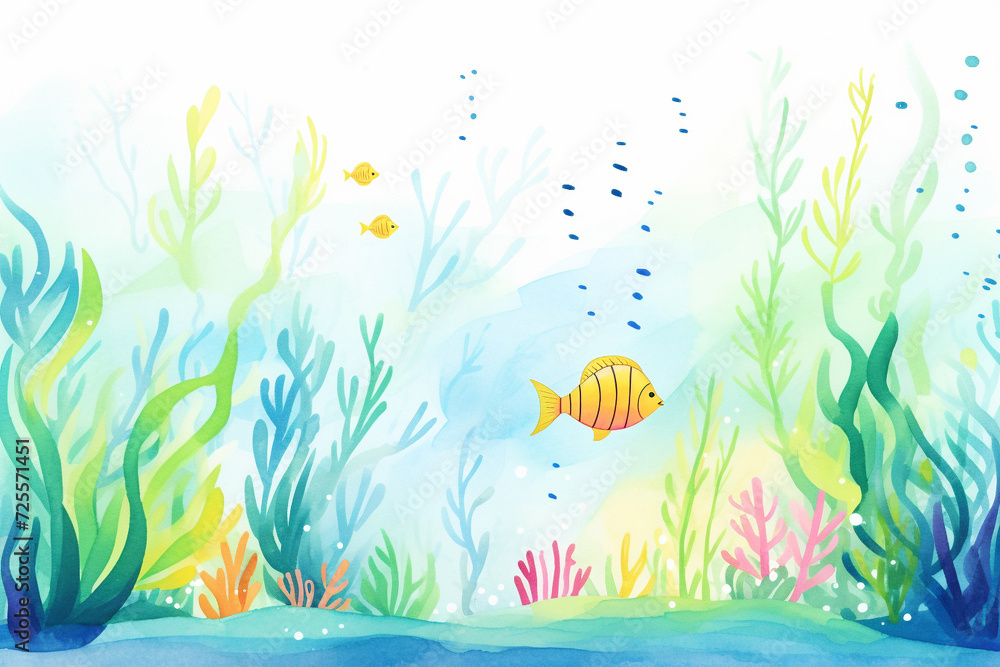 A vibrant underwater scene in a tropical ocean , cartoon drawing, water color style