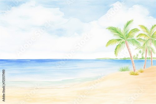 A tropical beach with crystal clear sea and white sand , cartoon drawing, water color style