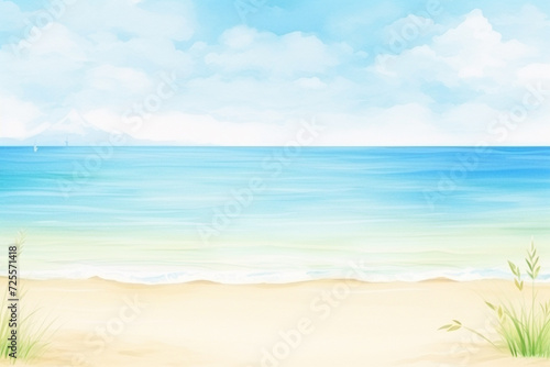 A tropical beach with crystal clear sea and white sand   cartoon drawing  water color style