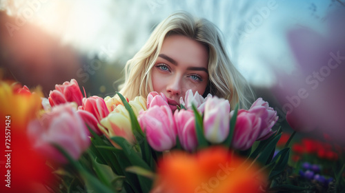 Beautiful woman with tulips, Woman's day concept. 