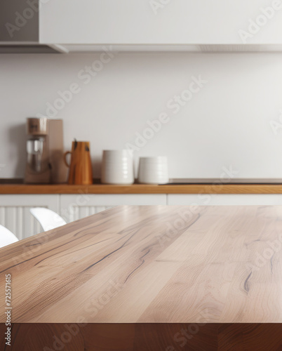 Empty wooden beautiful tabletop against the background of the wall of a modern kitchen . For mounting a product display or visual design layout.