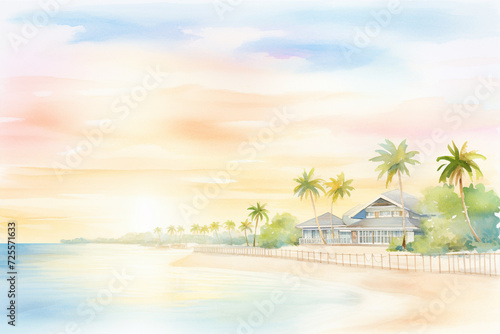 A watercolor depiction of a beachfront resort during a tranquil, pastel-colored sunset , cartoon drawing, water color style