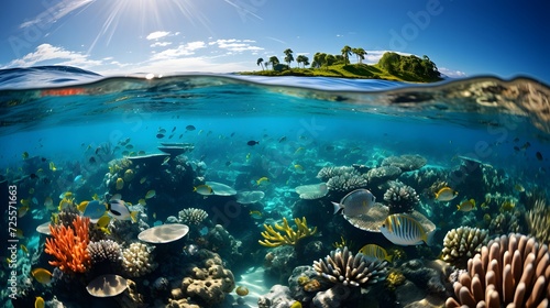 Underwater panorama of tropical coral reef. Underwater world.