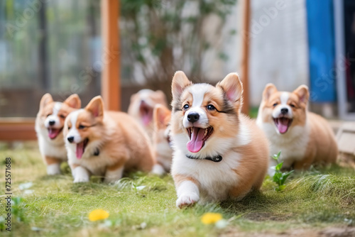 quintet of corgi pups, cheerful lineup of young Welsh Corgis playfully posing on a lush lawn with a cozy cabin backdrop, lot of puppies together, puppy day. photo