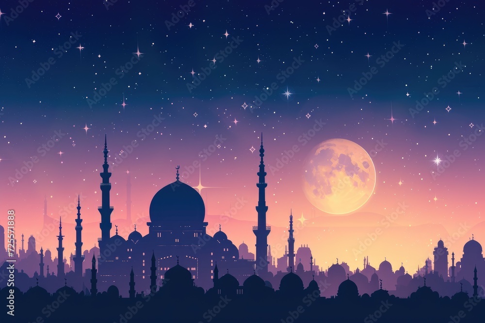 A beautiful silhouette of a mosque and Mesmerizing night view of a mosque under starry sky and bright moon. Perfect for Ramadan, Eid, or Islamic religious themed designs. A beautiful silhouette of a mosque and Mesmerizing night view of a mosque under starry sky and bright moon. Perfect for Ramadan, Eid, or Islamic religious themed designs.