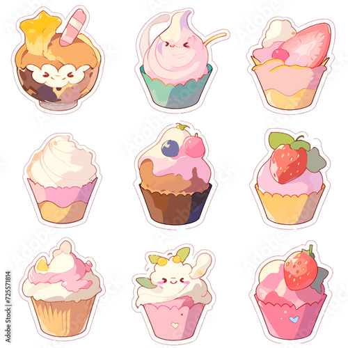 a set of sticker of cute cupcake,cream,cartoon, isolate with white background generate AI