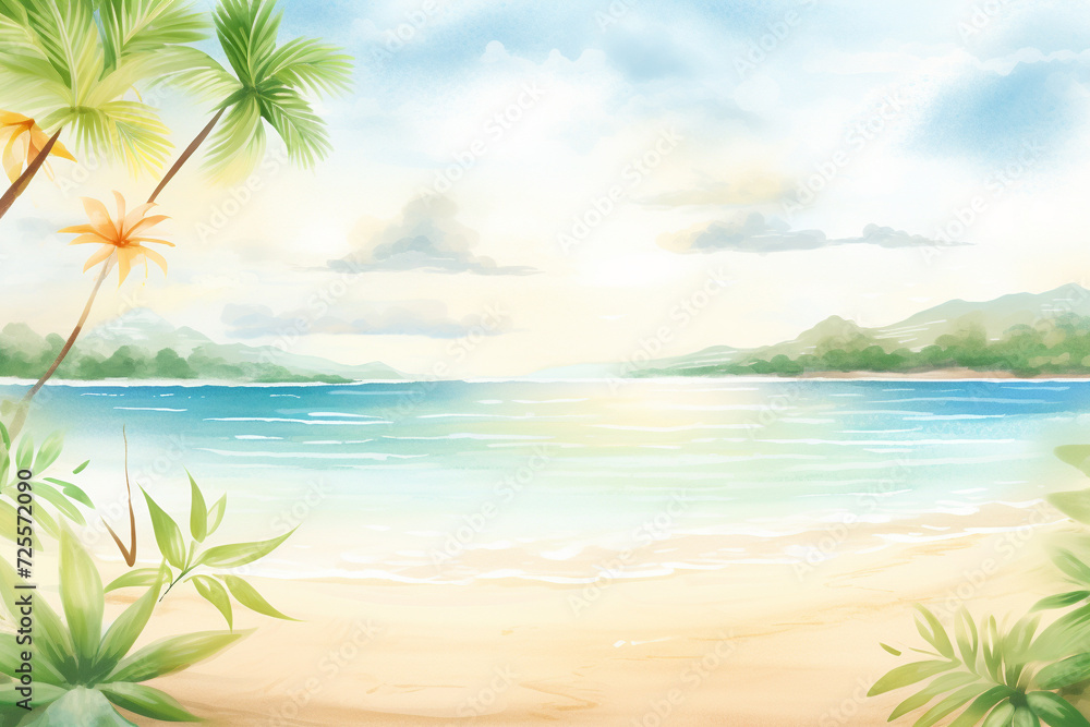 Artistic rendition of a Caribbean bay bathed in sunlight , cartoon drawing, water color style