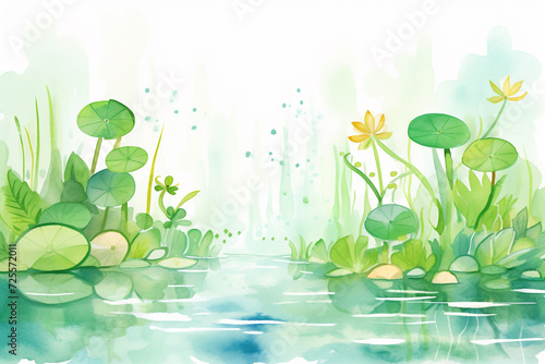 Artistic drawing of a pond teeming with vibrant, green life , cartoon drawing, water color style photo