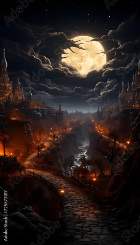 Fantasy landscape with a full moon over the city at night.