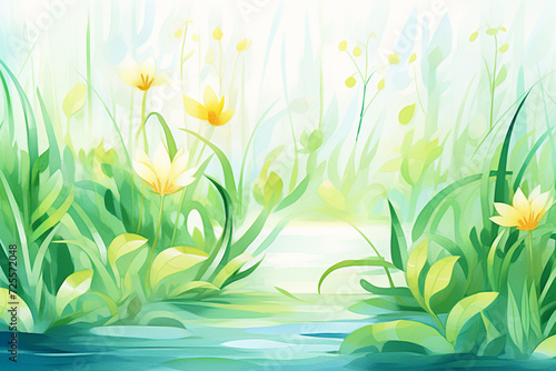 Artistic painting of a sunlit swamp, vibrant with green hues and teeming with life , cartoon drawing, water color style photo