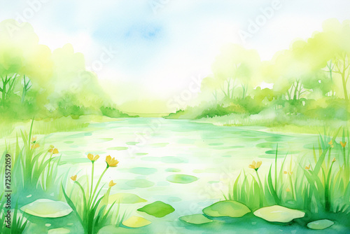 Artistic painting of a sunlit swamp, vibrant with green hues and teeming with life , cartoon drawing, water color style