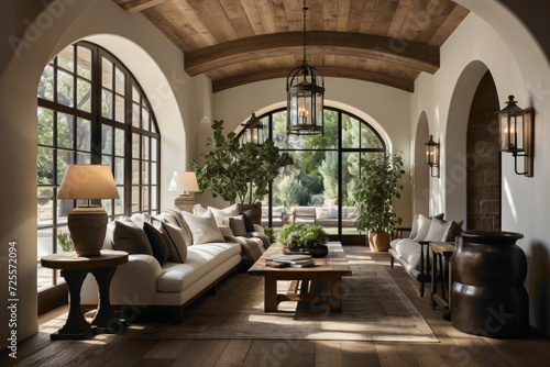 Visualize the rustic elegance of a modern farmhouse entrance hall featuring a timber beam ceiling and an arched door with a Mediterranean influence.  © Hamzaa