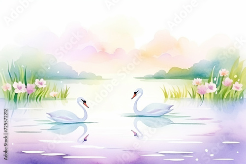Beautiful swans swimming peacefully on a serene lake during a calm summer evening , cartoon drawing, water color style