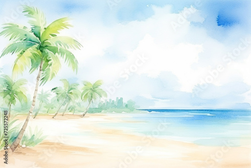 Beautiful bay surrounded by palm trees, capturing the tranquility of tropical surroundings , cartoon drawing, water color style © Watercolorbackground
