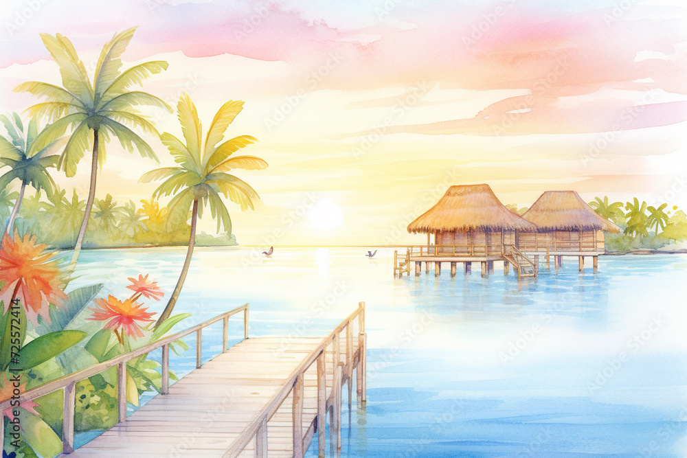 Capture the tranquil beauty of a seascape resort during sunset in a watercolor painting , cartoon drawing, water color style