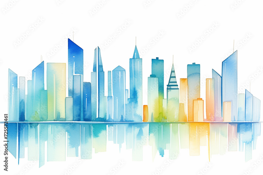 City architecture Illustrating the silhouette of a growing metropolis , cartoon drawing, water color style