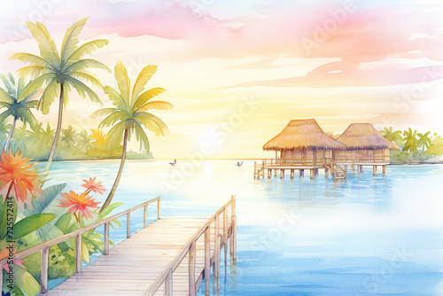 Capture the tranquil beauty of a seascape resort during sunset in a watercolor painting   cartoon drawing  water color style