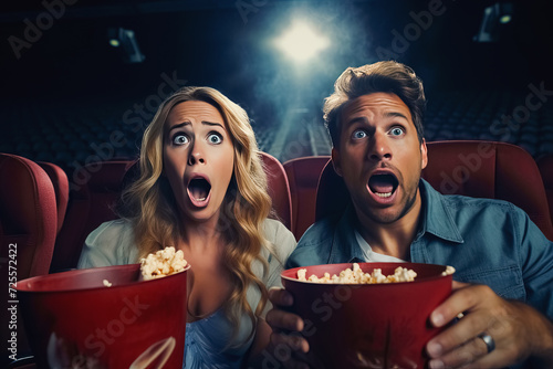 Valentine's Cinema Date: Scared Couple Watching a Horror Movie Together