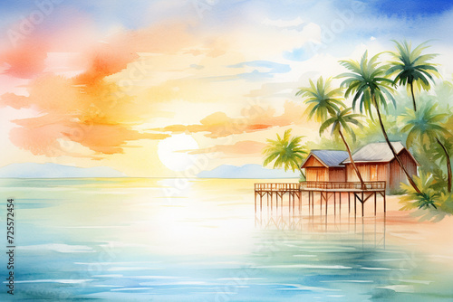 Capture the tranquil beauty of a seascape resort during sunset in a watercolor painting , cartoon drawing, water color style