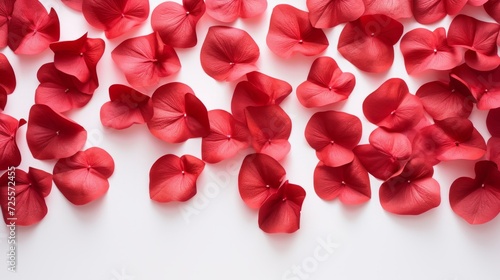 A flat lay of vibrant red petals on the white background