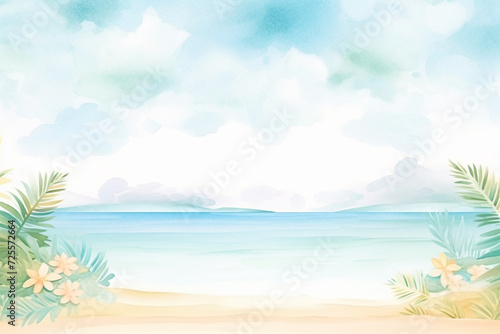 Dreamy image of fluffy clouds floating over a turquoise sea and palm-studded coastline , cartoon drawing, water color style