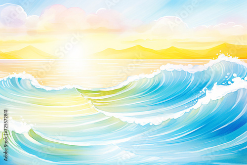 Glistening waves under a radiant sun on an exotic bay , cartoon drawing, water color style
