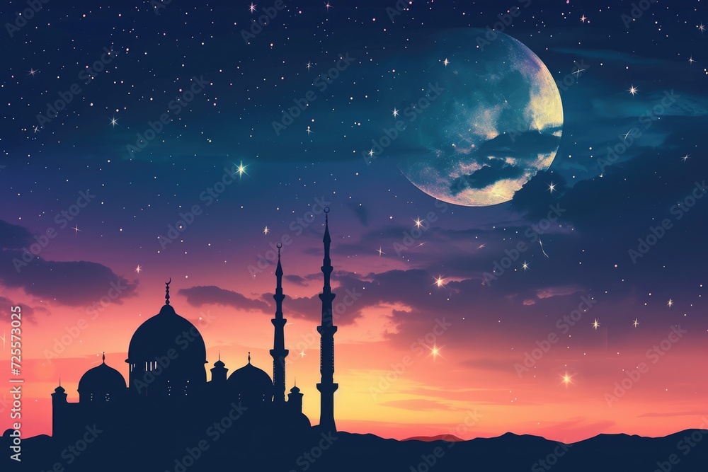 A beautiful silhouette of a mosque and Mesmerizing night view of a mosque under starry sky and bright moon. Perfect for Ramadan, Eid, or Islamic religious themed designs.