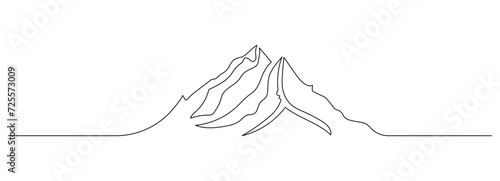 One continuous line drawing of mountain range landscape. Abstract web banner with mounts in simple linear style. Winter sport concept editable stroke. Doodle outline vector illustration