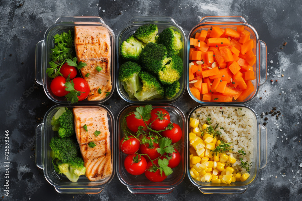 Assortment of healthy food dishes. Top view. Overhead shot of multiple food dishes on table. various sets of food. Healthy take away food in disposable eco friendly containers , top view. Assortment of healthy food dishes. Top view. Overhead shot of multiple food dishes on table. various sets of food. Healthy take away food in disposable eco friendly containers , top view.