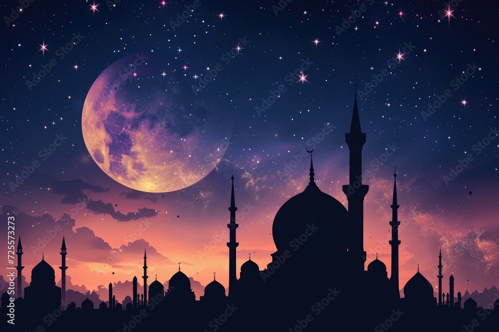 A beautiful silhouette of a mosque and Mesmerizing night view of a mosque under starry sky and bright moon. Perfect for Ramadan, Eid, or Islamic religious themed designs. A beautiful silhouette of a mosque and Mesmerizing night view of a mosque under starry sky and bright moon. Perfect for Ramadan, Eid, or Islamic religious themed designs.