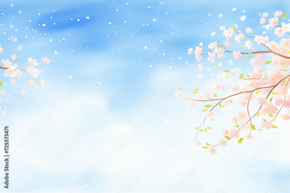 Illustration of cherry blossom trees while petals fall against a blue sky , cartoon drawing, water color style