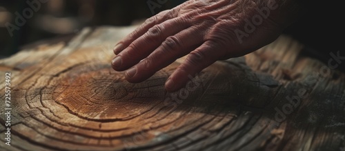 Man's hand inspecting wooden surface up close.