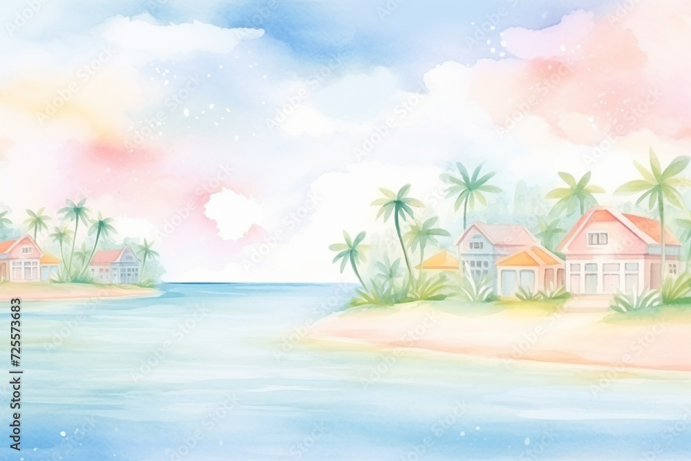 Romantic pastel-colored seaside scenery with a cozy resort hidden amidst nature , cartoon drawing, water color style
