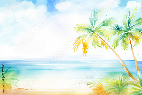 Palm trees swaying gently by a calm turquoise coastline under a vibrant sun   cartoon drawing  water color style