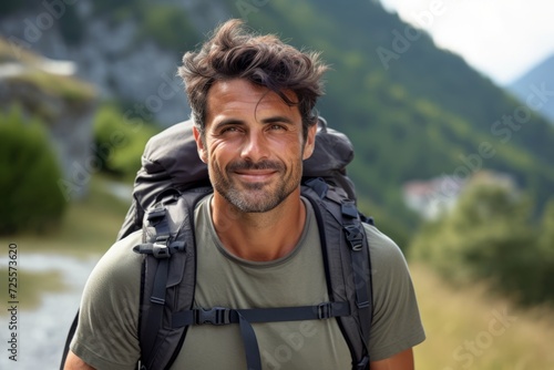 Handsome young man with backpack hiking in the mountains. Travel and adventure concept.