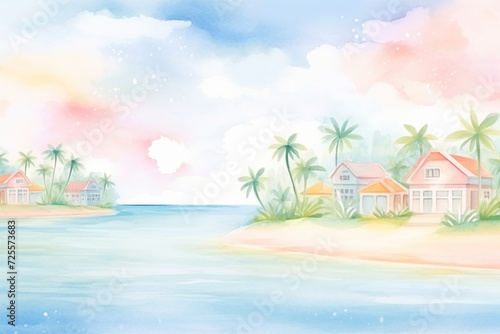 Romantic pastel-colored seaside scenery with a cozy resort hidden amidst nature   cartoon drawing  water color style