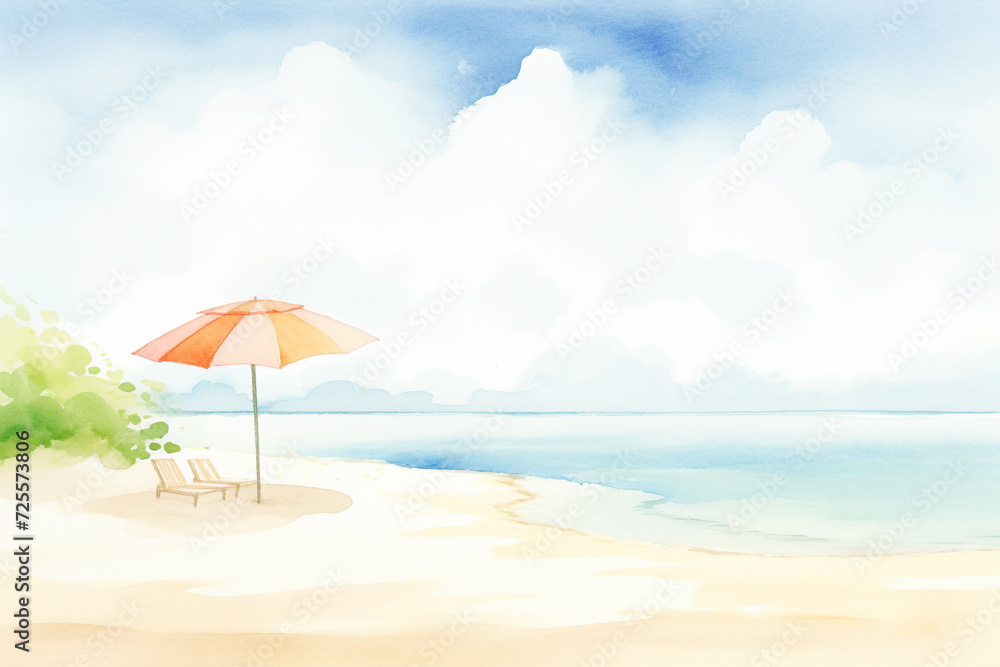 Stunning white sand beach scene with a lone umbrella providing shade from the sun , cartoon drawing, water color style