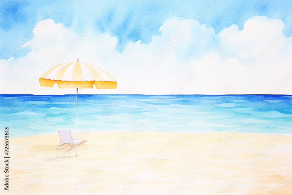 Stunning white sand beach scene with a lone umbrella providing shade from the sun , cartoon drawing, water color style