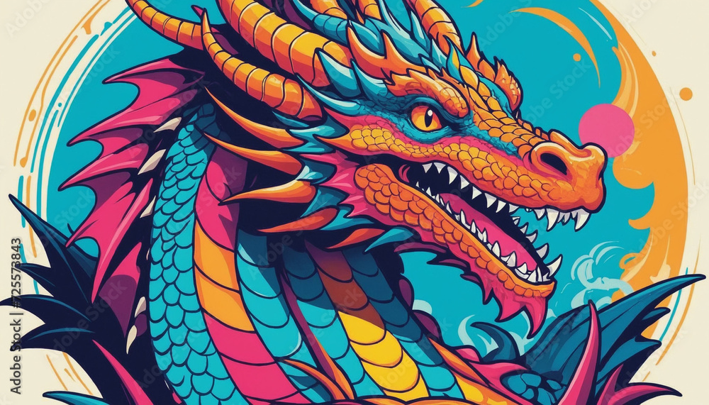 Fantasy dragon head illustration. Cartoon style vivid colors. Year 2024 Symbol art