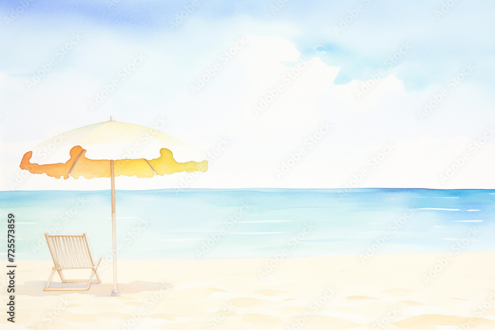 Stunning white sand beach scene with a lone umbrella providing shade from the sun , cartoon drawing, water color style