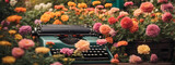 A vintage typewriter set amidst blooming flowers in a colorful garden, evoking a sense of creativity and nostalgia.