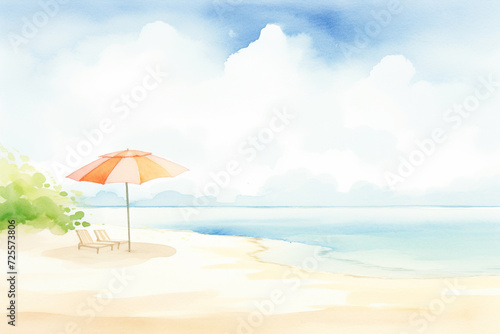 Stunning white sand beach scene with a lone umbrella providing shade from the sun   cartoon drawing  water color style