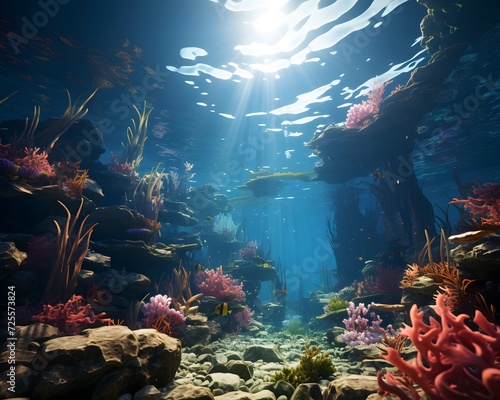 Underwater view of coral reef and fish. Underwater world.