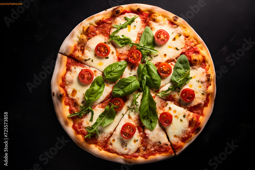 Top view of Pizza Margherita on black stone background, generative ai.