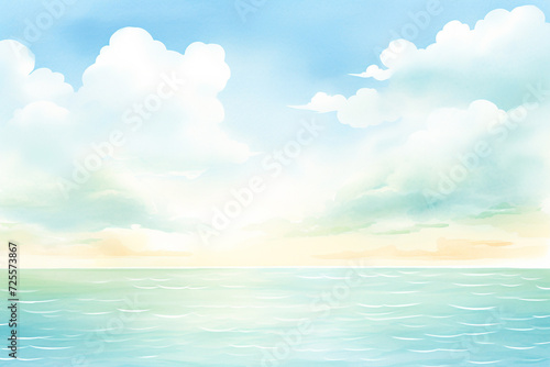Sunlight filtering through wispy clouds over serene turquoise waters   cartoon drawing  water color style