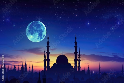 A beautiful silhouette of a mosque and Mesmerizing night view of a mosque under starry sky and bright moon. Perfect for Ramadan, Eid, or Islamic religious themed designs.