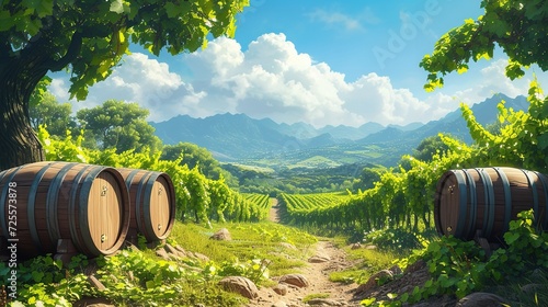 Landscape with wine casks amid the vineyards. Generative Ai.