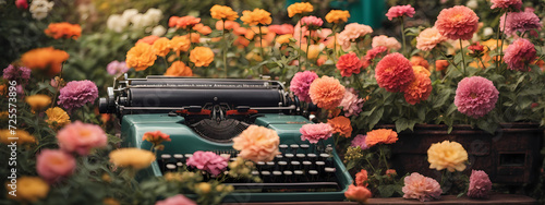 A vintage typewriter set amidst blooming flowers in a colorful garden, evoking a sense of creativity and nostalgia. photo
