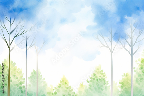 The tranquil blue sky peaking through the tall trees of a dense forest , cartoon drawing, water color style