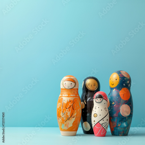 4 modern art matryoshka nesting dolls isolated on plain blue studio background with empty text space